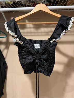 Misa Los Angeles Black Smocked Crop Top with Braided Straps